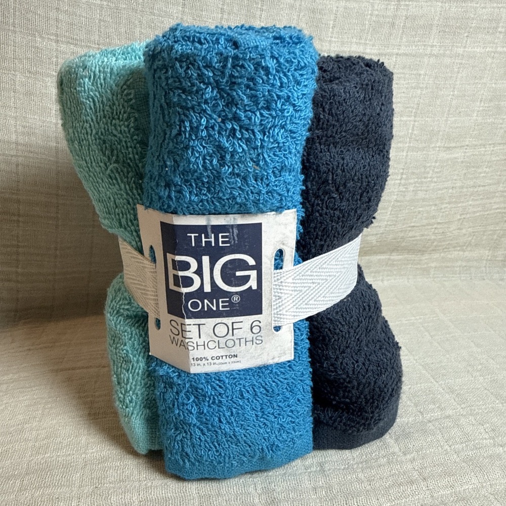 The Big One 6 Pack Soft Terry Cotton Washcloths Blue Multi 13x13 Square Rags